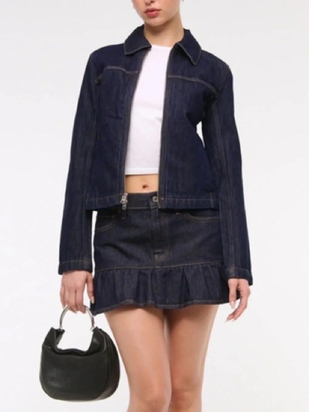Abercrombie Mid Rise Drop-Waist Ruffle Denim Mini Skirt – Rinse Blue - Picture 3 of 9